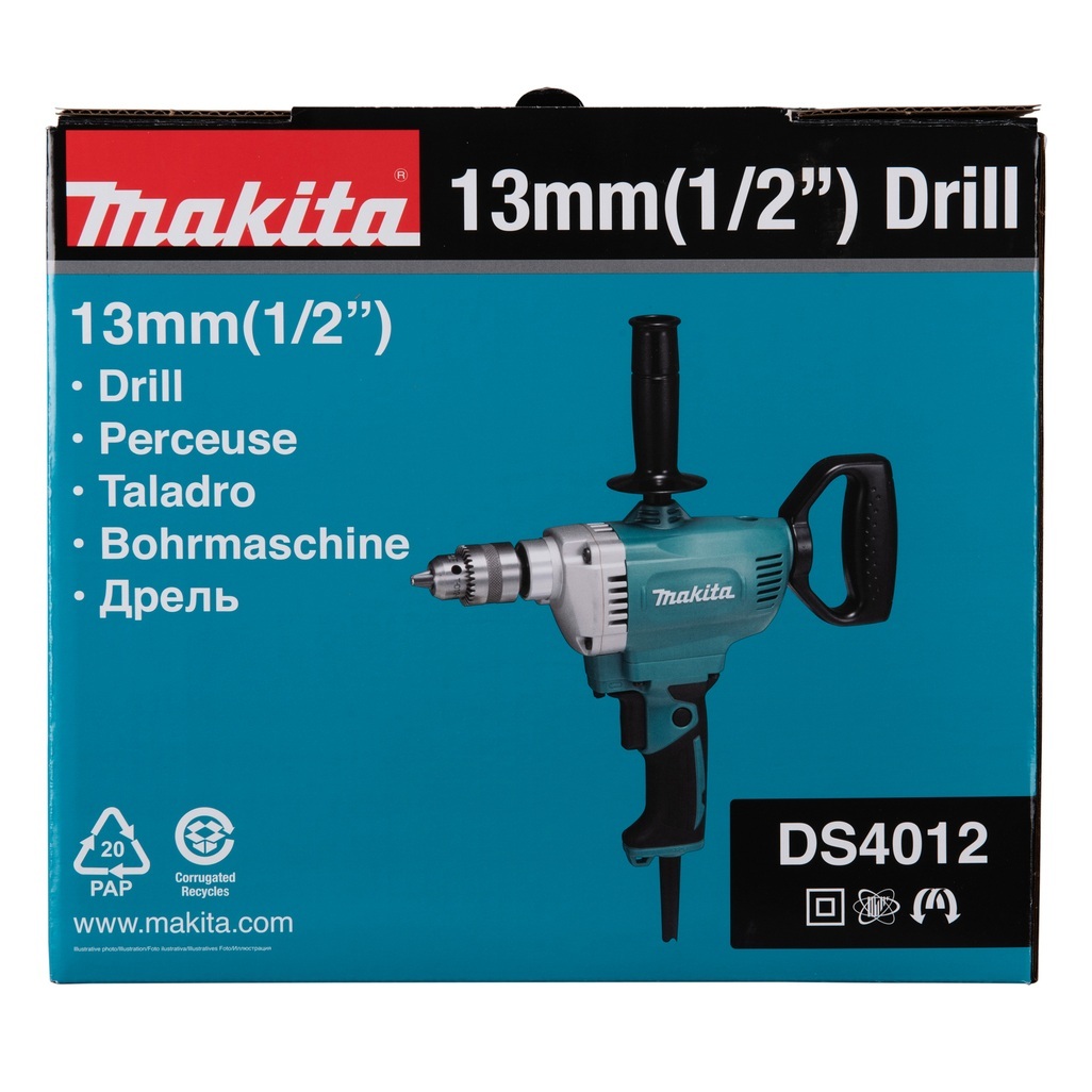 DS4012 Trapano Miscelatore a Corrente Trapano miscelatore 13 mm cremagliera. Trapano miscelatore a bassa velocità con elevata coppia per la miscelazione dei materiali. Mandrino a cremagliera per un maggior fissaggio dell'inserto durante la lavorazione. Grande interruttore elettronico con selettore reversibilità e blocco per uso continuo. Impugnatura ergonomica soft grip per un maggior comfort durante l'utilizzo. Impugnatura posteriore a forma di "D" orientabile su 24 posizioni per adattarsi alle esigenze dell'operatore. Un quadrante di velocità variabile per regolare la portata e la direzione. Adatto per grosse punte da trapano e per la miscelatura. Cavo di alimentazione 2,5m. Accessori in dotazione: impugnatura laterale, chiave mandrino.