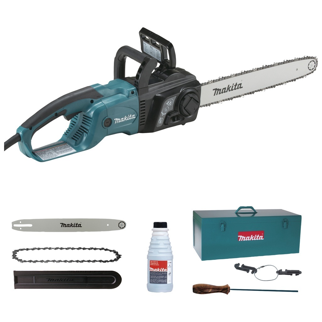 UC4051AK Elettrosega a Corrente Elettrosega efficiente con regolazione della tensione senza attrezzi e sostituzione di catena e barra. Una potente elettrosega dritta da 2.000 W con un'elevata efficienza di taglio. Dotato di una funzione di avviamento graduale, questo è un ottima elettrosega multiuso per i cantieri e l'uso domestico. Barra da 40 cm e velocità della catena di 14,5 m/s. Dotato di pompa dell'olio regolabile e regolazione della tensione senza attrezzi.