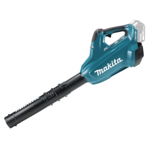 Soffiatore 18Vx2 m³/min BL con tubo di soffiaggio regolabile 42-52 cm - Corpo macchina. Soffiatore ideale per lavorazioni di pulizia in aree più ampie. Fornisce un flusso d'aria max di 54 m/s e volume d'aria fino a 13,4 m³/min, quadrante di selezione della velocità/volume dell'aria a 6 stadi con grilletto di controllo della velocità variabile, pulsante di blocco azionabile da entrambi i lati dell'impugnatura per un funzionamento continuo. Gli indicatori di carica della batteria a doppio LED mostrano il livello di carica di ogni batteria 18V LXT®. Fornito senza batterie e carica batteria.