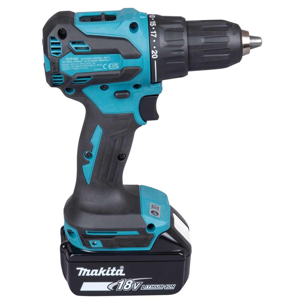 18V • 65Nm • 0-500/0–1.900 g/min Trapano avvitatore c/ percussione 18V 13 mm - 65Nm + 74 accessori Trapano avvitatore con percussione 18V efficiente dotato di motore brushless per applicazioni di avvitatura e foratura con o senza l'utilizzo della percussione. Possibilità di impostare due livelli di potenza. Coppia di serraggio massima 65 Nm. Uno strumento versatile per installatori, costruttori e personale di manutenzione. Luce LED integrata. Fornito con 2 batterie 3,0 Ah BL1830B + caricabatterie rapido 22' DC18RC. Accessori in dotazione: makpac, valigetta con 74 accessori.