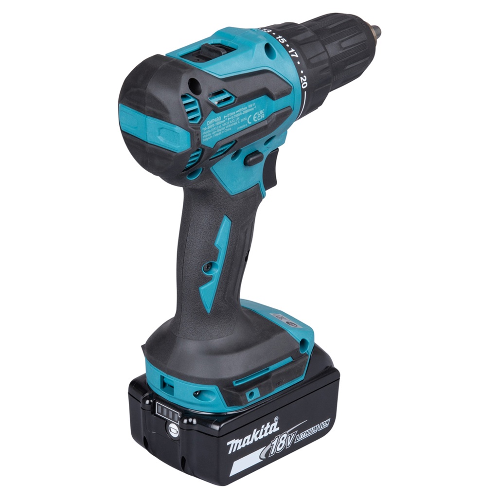 18V • 65Nm • 0-500/0–1.900 g/min Trapano avvitatore c/ percussione 18V 13 mm - 65Nm + 74 accessori Trapano avvitatore con percussione 18V efficiente dotato di motore brushless per applicazioni di avvitatura e foratura con o senza l'utilizzo della percussione. Possibilità di impostare due livelli di potenza. Coppia di serraggio massima 65 Nm. Uno strumento versatile per installatori, costruttori e personale di manutenzione. Luce LED integrata. Fornito con 2 batterie 3,0 Ah BL1830B + caricabatterie rapido 22' DC18RC. Accessori in dotazione: makpac, valigetta con 74 accessori.